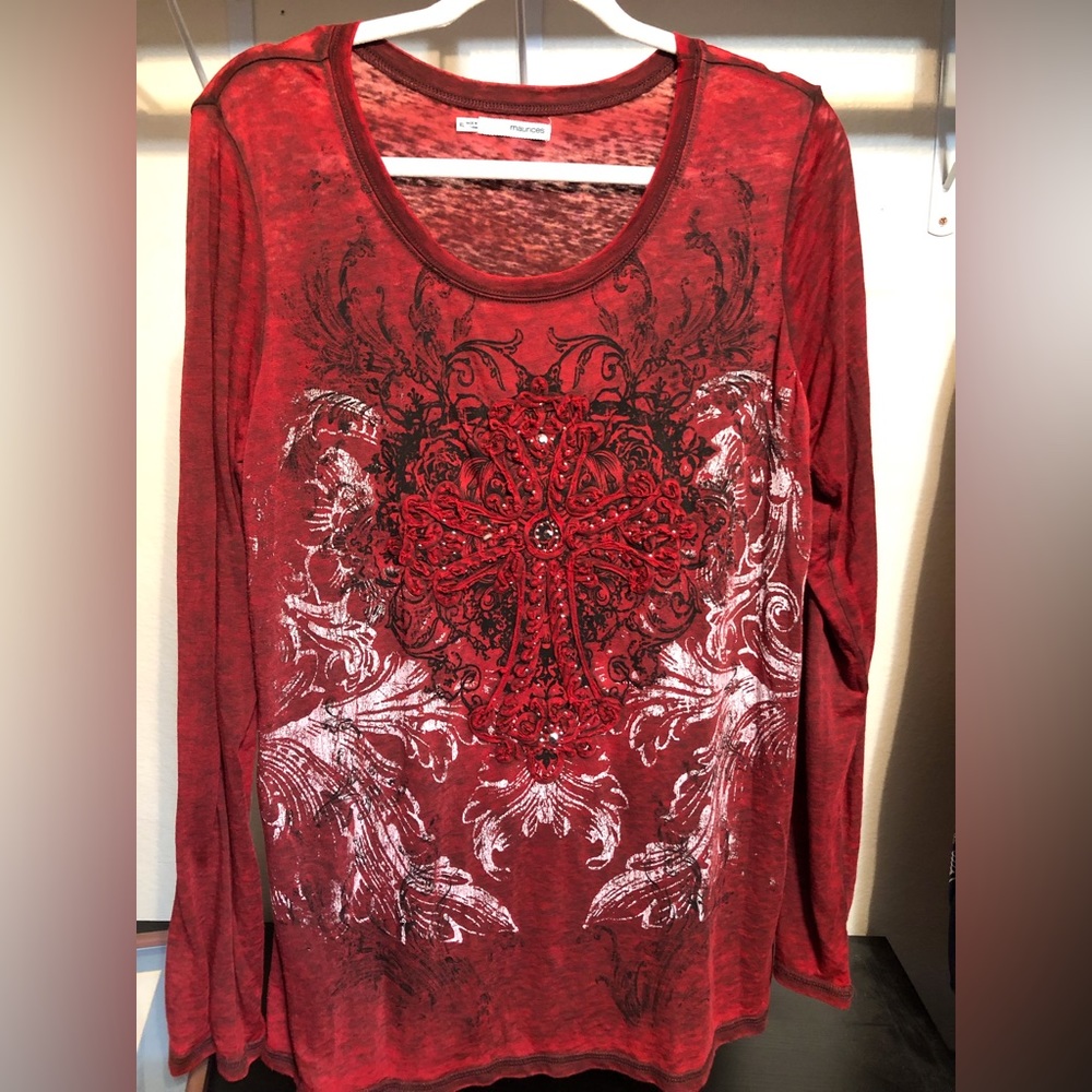 Maurices red vintage long sleeve top with rhinestone cross. Size extra large.